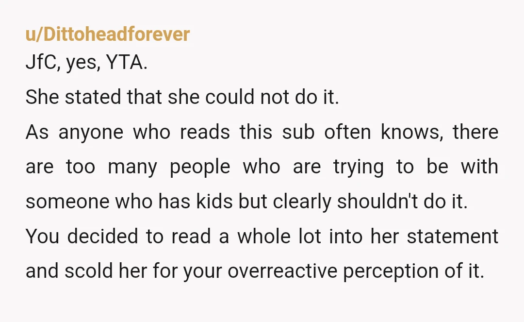 u/allergymom74 YTA. She was voicing an opinion on how she would live her life away from the couple and people directly linked to the situation. Sure. The way she said...