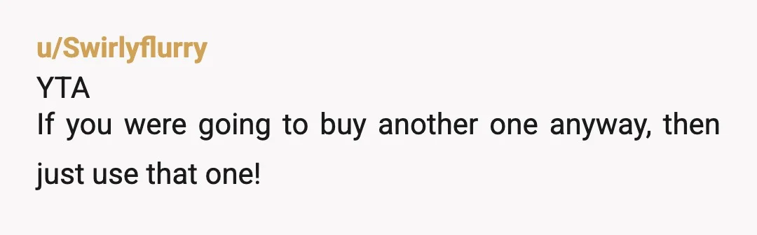 u/Swirlyflurry
YTA
If you were going to buy another one anyway, then just use that one!