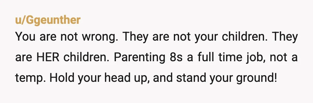 u/Ggeunther You are not wrong. They are not your children. They are HER children. Parenting 8s a full time job, not a temp. Hold your head up, and stand your...