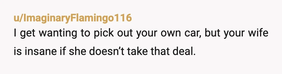 u/ImaginaryFlamingo116 I get wanting to pick out your own car, but your wife is insane if she doesn’t take that deal. Has she seen the prices on used cars recently?...