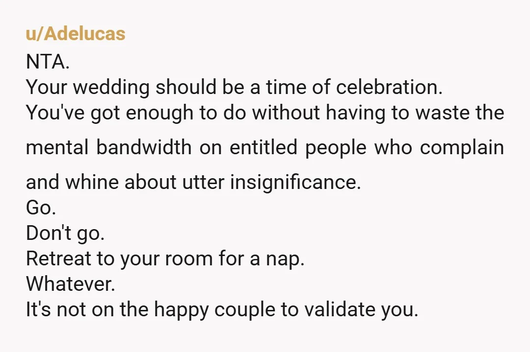u/Adelucas NTA. Your wedding should be a time of celebration. You've got enough to do without having to waste the mental bandwidth on entitled people who complain and whine about...