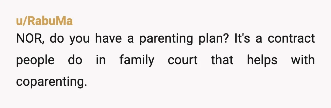 u/RabuMa
NOR, do you have a parenting plan? It's a contract people do in family court that helps with coparenting.