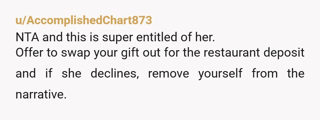 u/AccomplishedChart873
NTA and this is super entitled of her.
Offer to swap your gift out for the restaurant deposit and if she declines, remove yourself from the narrative.