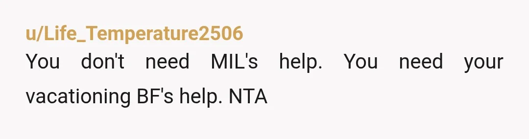 u/Life_Temperature2506
You don't need MIL's help. You need your vacationing BF's help. NTA