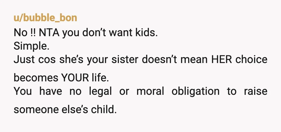 u/bubble_bon No !! NTA you don’t want kids. Simple. Just cos she’s your sister doesn’t mean HER choice becomes YOUR life. You have no legal or moral obligation to raise...