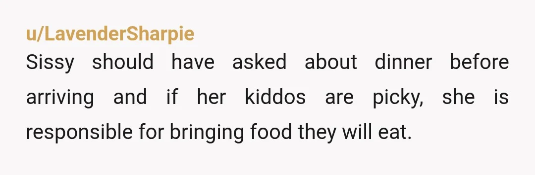 u/LavenderSharpie
Sissy should have asked about dinner before arriving and if her kiddos are picky, she is responsible for bringing food they will eat.