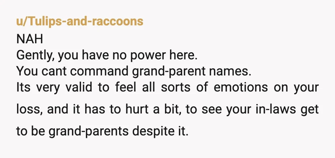 u/Tulips-and-raccoons NAH Gently, you have no power here. You cant command grand-parent names. Its very valid to feel all sorts of emotions on your loss, and it has to hurt...