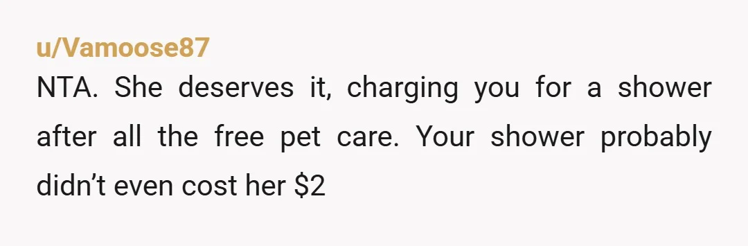 u/Vamoose87
NTA. She deserves it, charging you for a shower after all the free pet care. Your shower probably didn’t even cost her $2