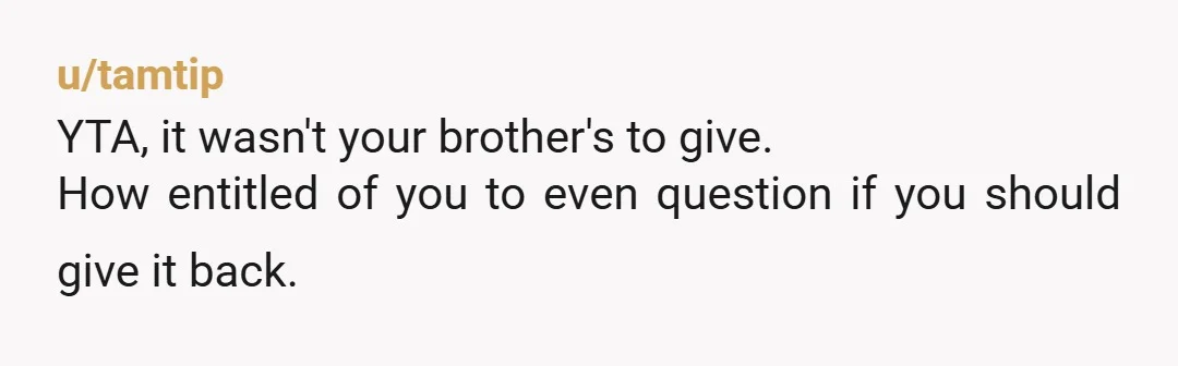 u/tamtip YTA, it wasn't your brother's to give. How entitled of you to even question if you should give it back.