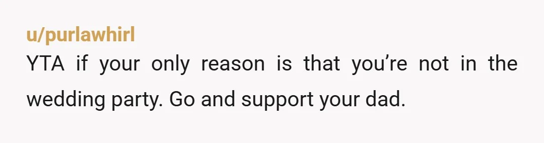 u/homemadecustard NTA lol You’re not just a kid in an assumed wedding party. You’re going to become her stepdaughter. It’s not just some niece or younger cousin or friend. And...