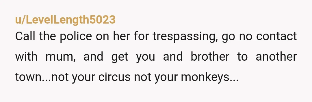 u/LevelLength5023
Call the police on her for trespassing, go no contact with mum, and get you and brother to another town...not your circus not your monkeys...