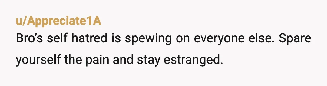 u/Appreciate1A
Bro’s self hatred is spewing on everyone else. Spare yourself the pain and stay estranged.
