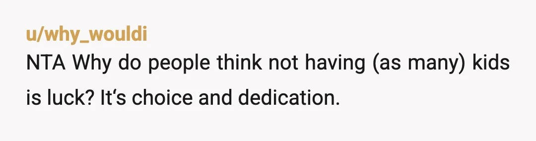 u/why_wouldi
NTA Why do people think not having (as many) kids is luck? It‘s choice and dedication.