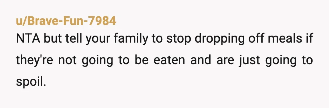 u/Brave-Fun-7984
NTA but tell your family to stop dropping off meals if they're not going to be eaten and are just going to spoil.