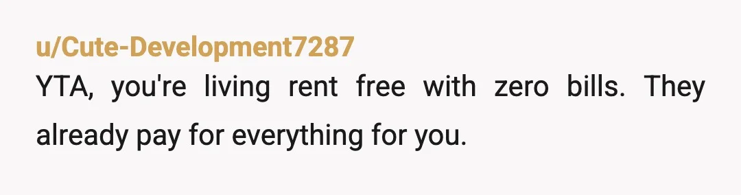 u/Cute-Development7287
YTA, you're living rent free with zero bills. They already pay for everything for you.