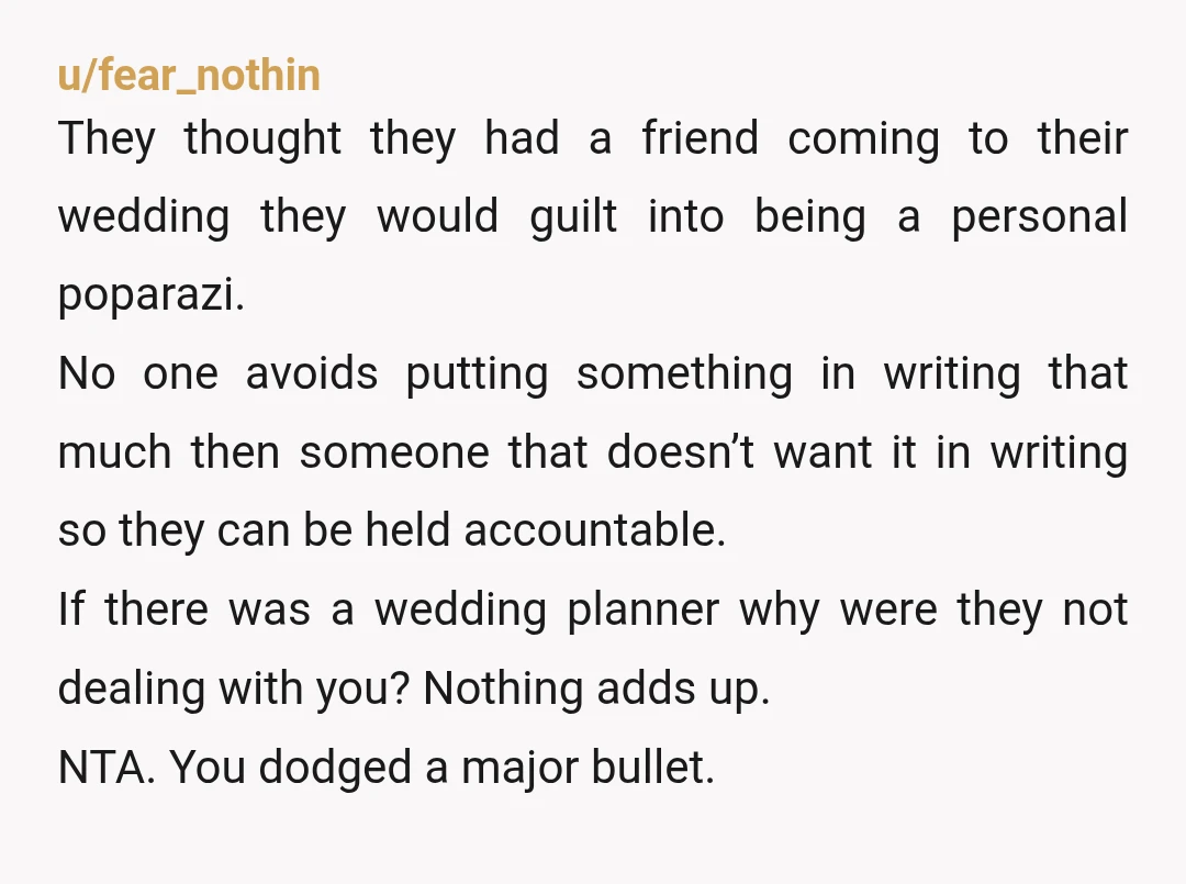 u/mynameisnotsparta If you have 10 years of experience why didn’t you have a written contract detailing everything agreed to and requested a deposit? Friend or not you were doing a...