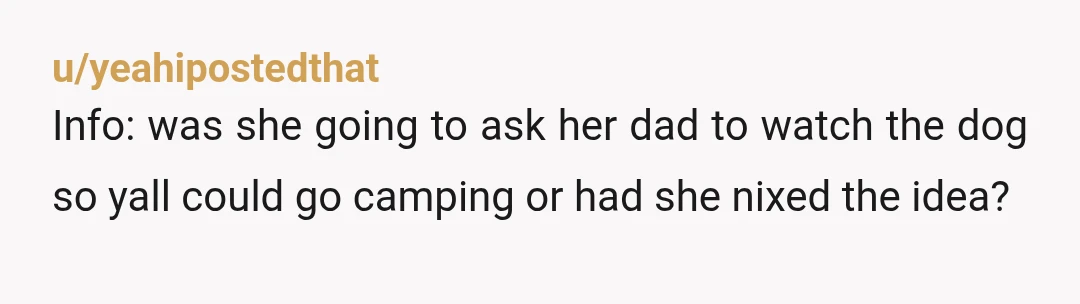 u/QuestionableCompany This is an important occasion for your whole family. The first camping trip your kids will experience. Do you REALLY want to exclude your wife from this momentous occasion?...
