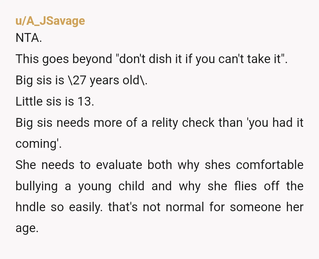 u/No-Moment-4689 NTA - english ist not my first language Yes, "you kind of had it coming" could have been phrased better in hindsight, but you're older sister is 27 years...