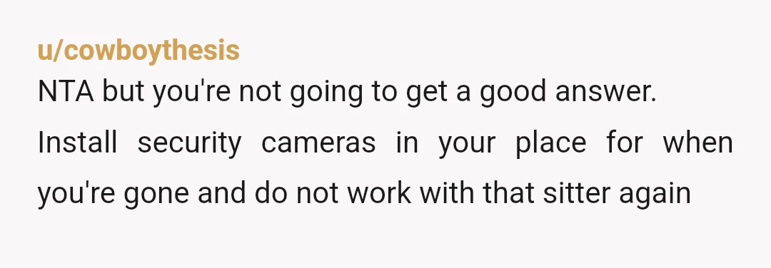u/cowboythesis
NTA but you're not going to get a good answer.
Install security cameras in your place for when you're gone and do not work with that sitter again