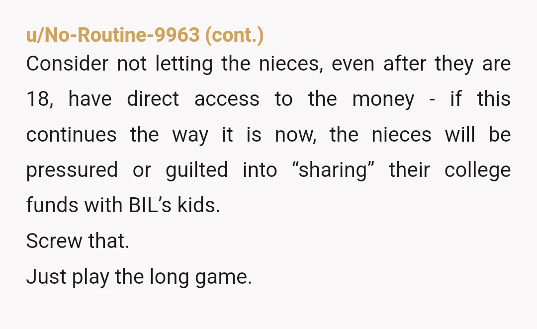u/No_Carob2670 NTA. You’re generously doing what you can afford to do for your nieces. Sorting out this situation is for the parents to do — not you, as long as...