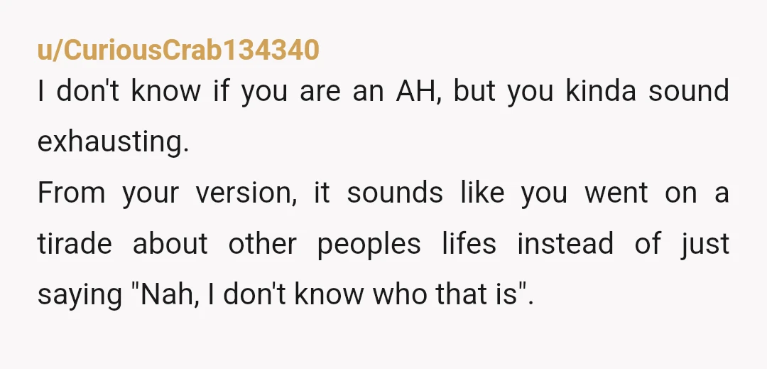 u/CuriousCrab134340 I don't know if you are an AH, but you kinda sound exhausting. From your version, it sounds like you went on a tirade about other peoples lifes instead...