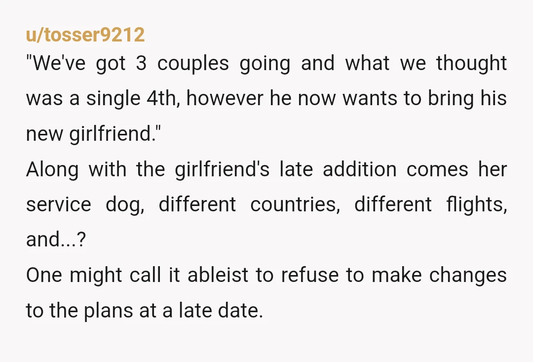 u/JayboyMakena
NTA.
Your trip, your rules.
No dogs or fussy, unknown people allowed.
She's just going to be a hassle and drama.
