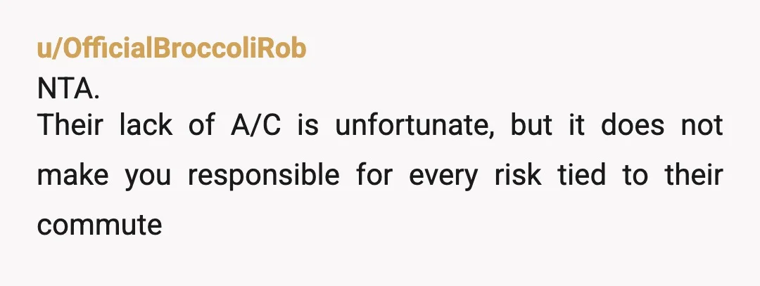 u/OfficialBroccoliRob
NTA.
Their lack of A/C is unfortunate, but it does not make you responsible for every risk tied to their commute