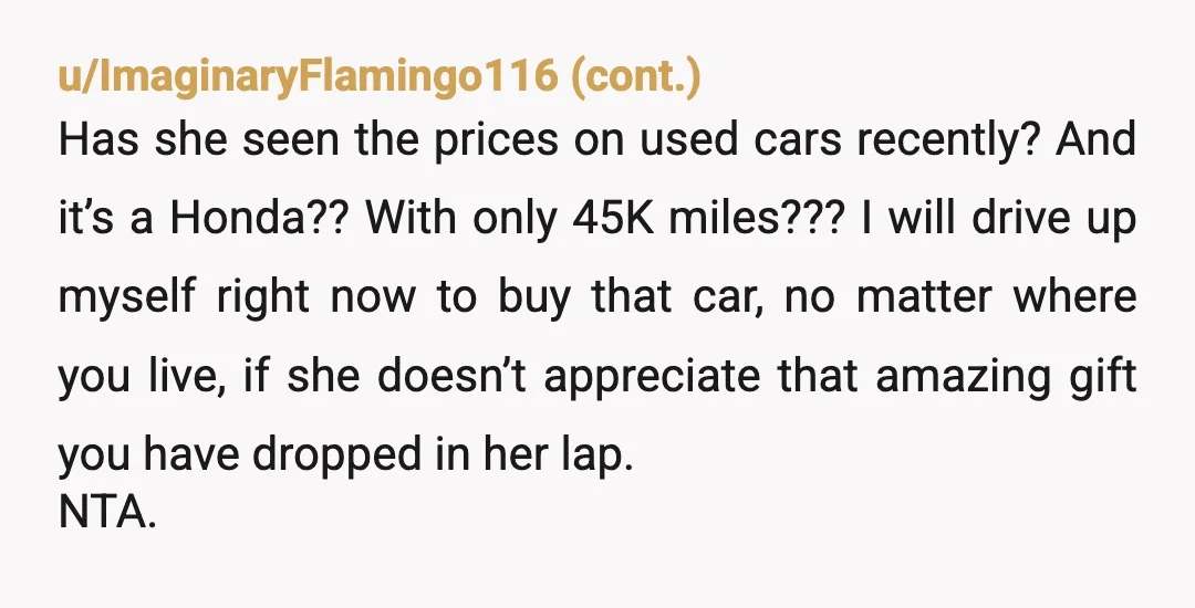 u/Healthy_Glove2045 If you haven't bought the car, what is the issue? You are just asking her if she wants it as it is a good deal. If both of you...