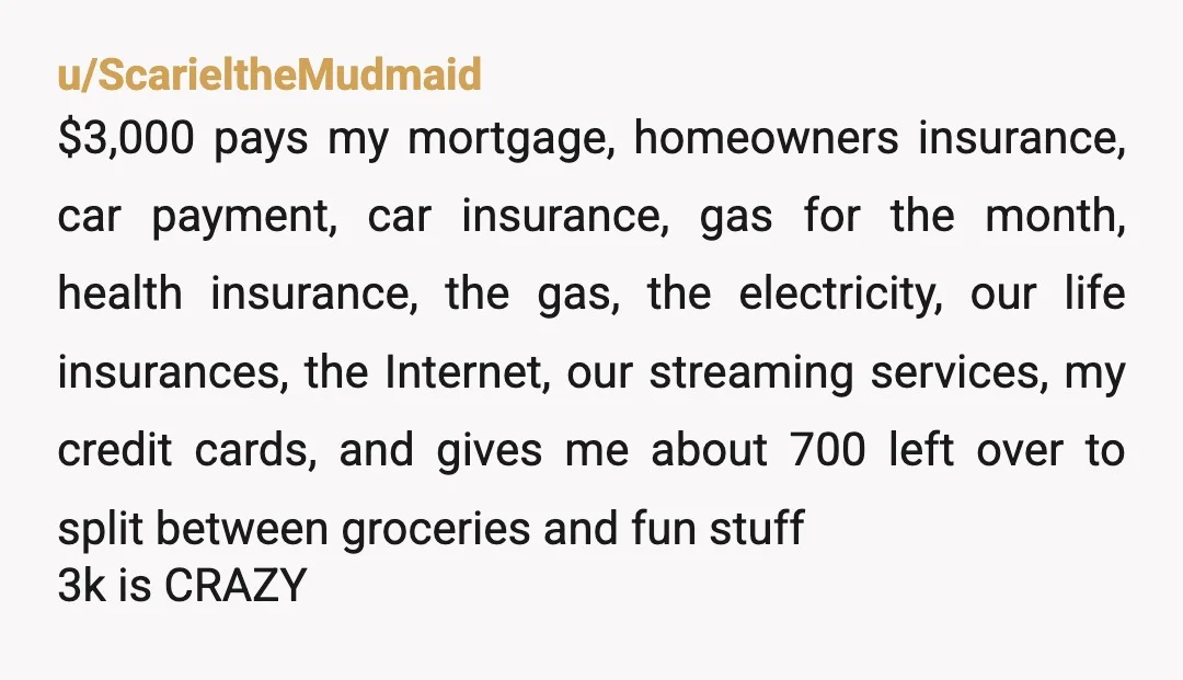 u/ScarieltheMudmaid $3,000 pays my mortgage, homeowners insurance, car payment, car insurance, gas for the month, health insurance, the gas, the electricity, our life insurances, the Internet, our streaming services, my...