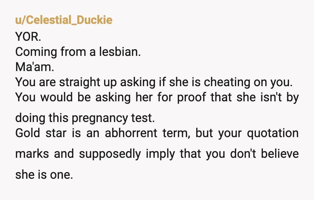 u/Celestial_Duckie YOR. Coming from a lesbian. Ma'am. You are straight up asking if she is cheating on you. You would be asking her for proof that she isn't by doing...