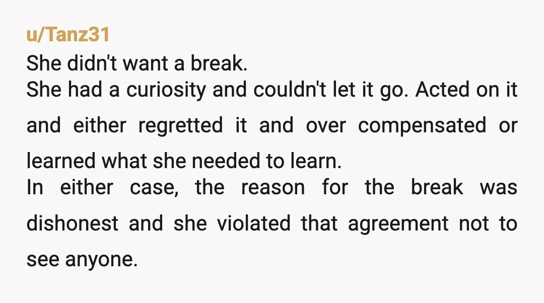 u/Tanz31 She didn't want a break. She had a curiosity and couldn't let it go. Acted on it and either regretted it and over compensated or learned what she needed...