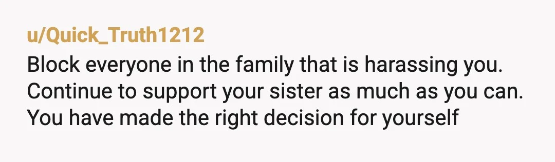 u/Quick_Truth1212
Block everyone in the family that is harassing you.
Continue to support your sister as much as you can.
You have made the right decision for yourself