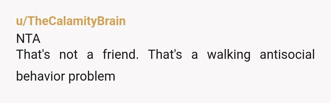 u/TheCalamityBrain
NTA
That's not a friend. That's a walking antisocial behavior problem