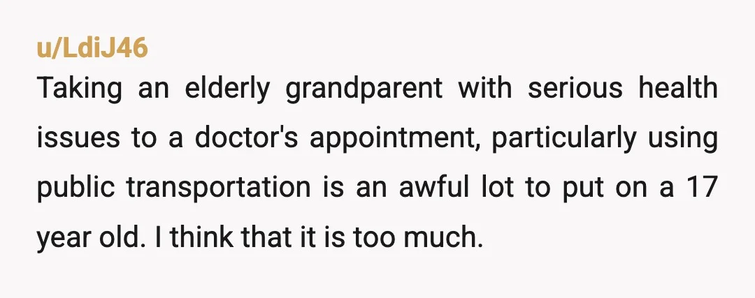 u/LdiJ46 Taking an elderly grandparent with serious health issues to a doctor's appointment, particularly using public transportation is an awful lot to put on a 17 year old. I think...