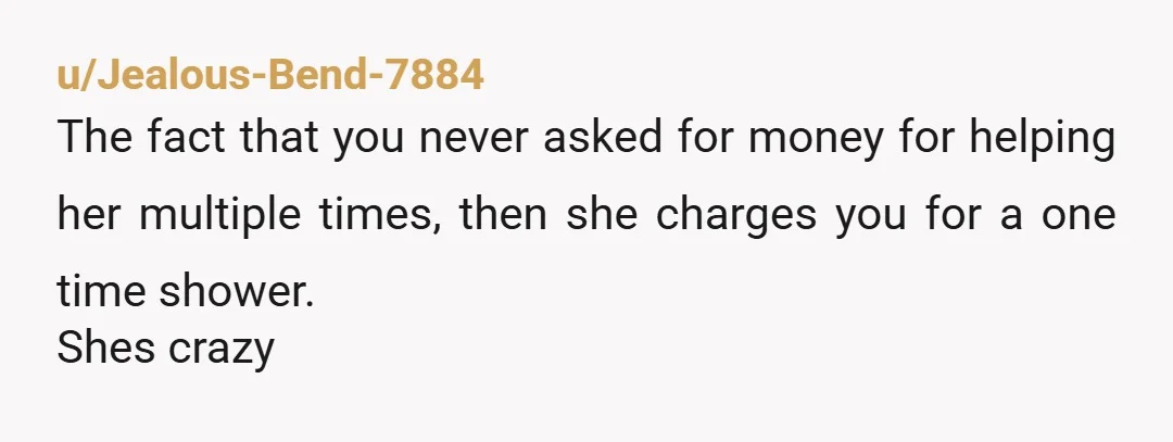 u/Jealous-Bend-7884
The fact that you never asked for money for helping her multiple times, then she charges you for a one time shower.
Shes crazy
