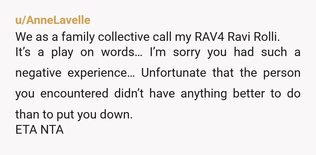 u/WishingDandelions If you’re an AH, then I am too. Also have a Rav4, and I also call it Ravi for short. Its actual name is Wilson. I too am white....