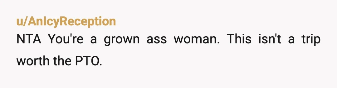 u/AnIcyReception
NTA You're a grown ass woman. This isn't a trip worth the PTO.