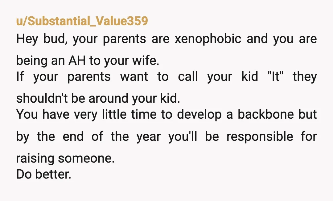u/Substantial_Value359 Hey bud, your parents are xenophobic and you are being an AH to your wife. If your parents want to call your kid "It" they shouldn't be around your...