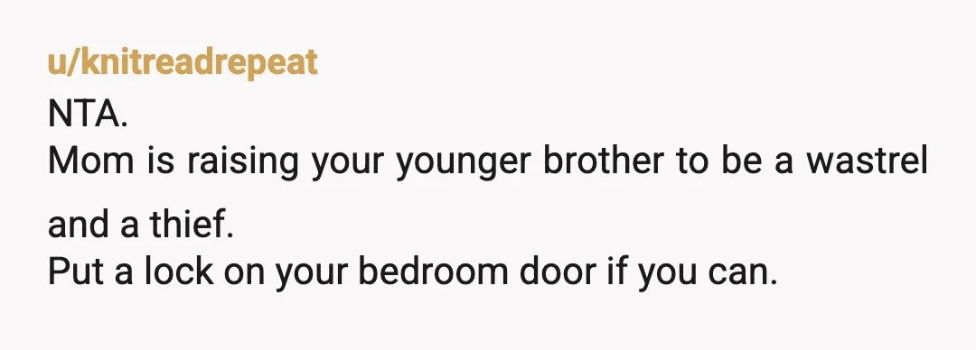 u/knitreadrepeat
NTA.
Mom is raising your younger brother to be a wastrel and a thief.
Put a lock on your bedroom door if you can.