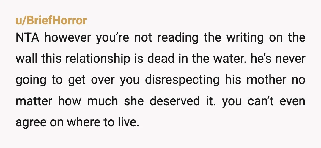 u/BriefHorror NTA however you’re not reading the writing on the wall this relationship is dead in the water. he’s never going to get over you disrespecting his mother no matter...