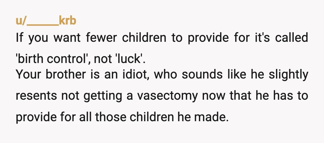 u/______krb If you want fewer children to provide for it's called 'birth control', not 'luck'. Your brother is an idiot, who sounds like he slightly resents not getting a vasectomy...
