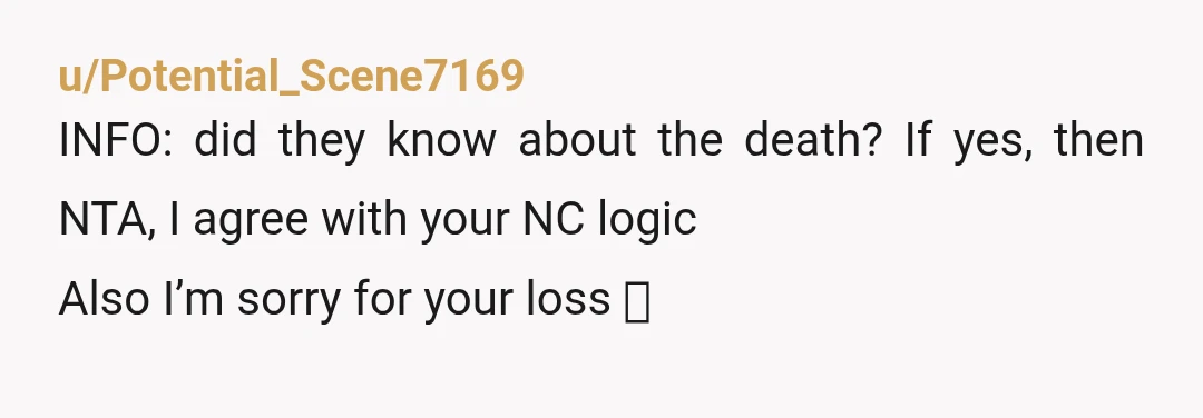 u/BokChoyFantasy Personally, I think you should have let my half siblings go to the funeral but I get why you didn’t. I know they did you and your dad wrong...