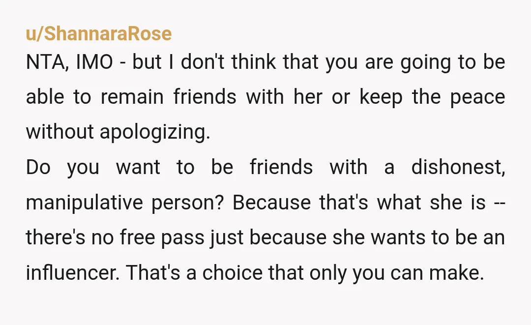 u/Motor_Dark6406
NTA, Pricing out a portion of a group vacation as the price of a solo trip is diabolical.
She's just a flat out liar.