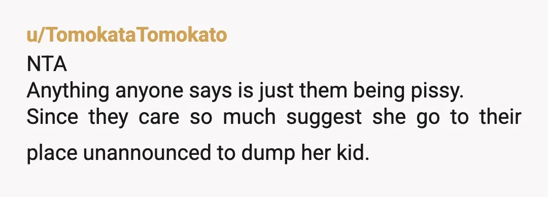 u/TomokataTomokato
NTA
Anything anyone says is just them being pissy.
Since they care so much suggest she go to their place unannounced to dump her kid.