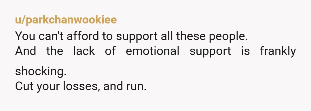 u/parkchanwookiee
You can't afford to support all these people.
And the lack of emotional support is frankly shocking.
Cut your losses, and run.