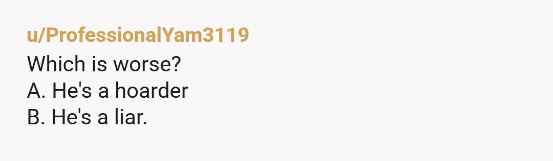 u/ProfessionalYam3119 Which is worse? A. He's a hoarder B. He's a liar.