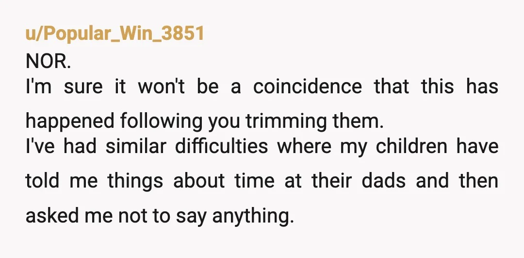 u/Popular_Win_3851 NOR. I'm sure it won't be a coincidence that this has happened following you trimming them. I've had similar difficulties where my children have told me things about time...