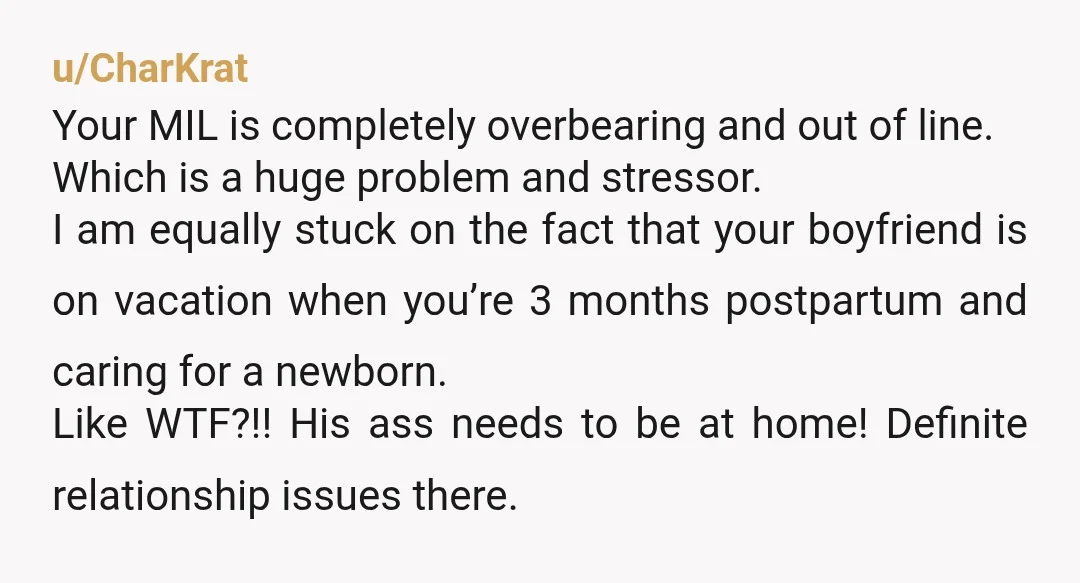 u/CharKrat Your MIL is completely overbearing and out of line. Which is a huge problem and stressor. I am equally stuck on the fact that your boyfriend is on vacation...