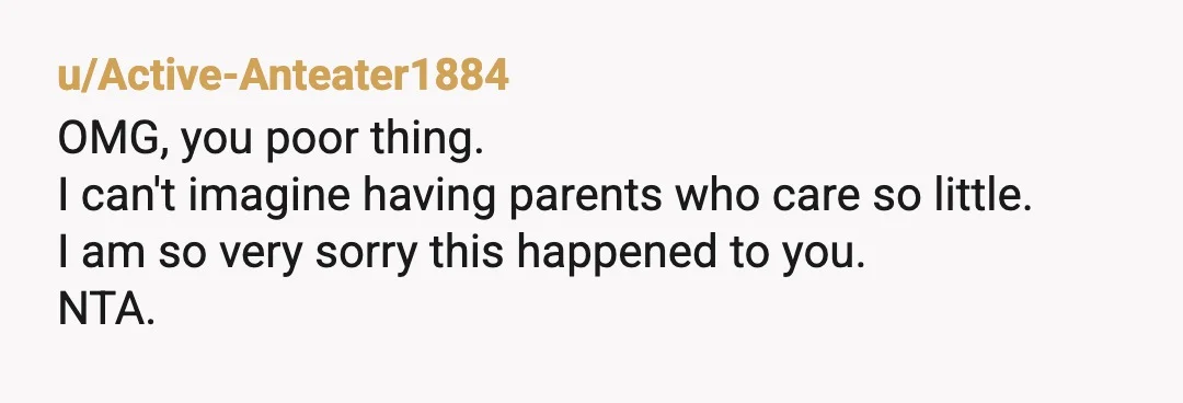 u/Active-Anteater1884
OMG, you poor thing.
I can't imagine having parents who care so little.
I am so very sorry this happened to you.
NTA.