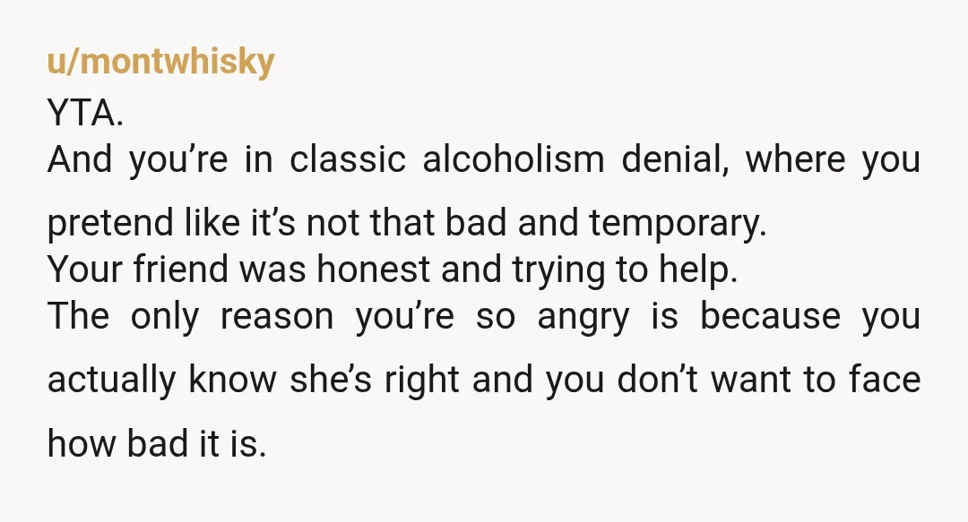 u/Wise_Coffee As a former drunk YTA. Fighting with people who don't enable you is a huge red flag. Get some healthy coping habits and apologize. Yeah you're going thru it...